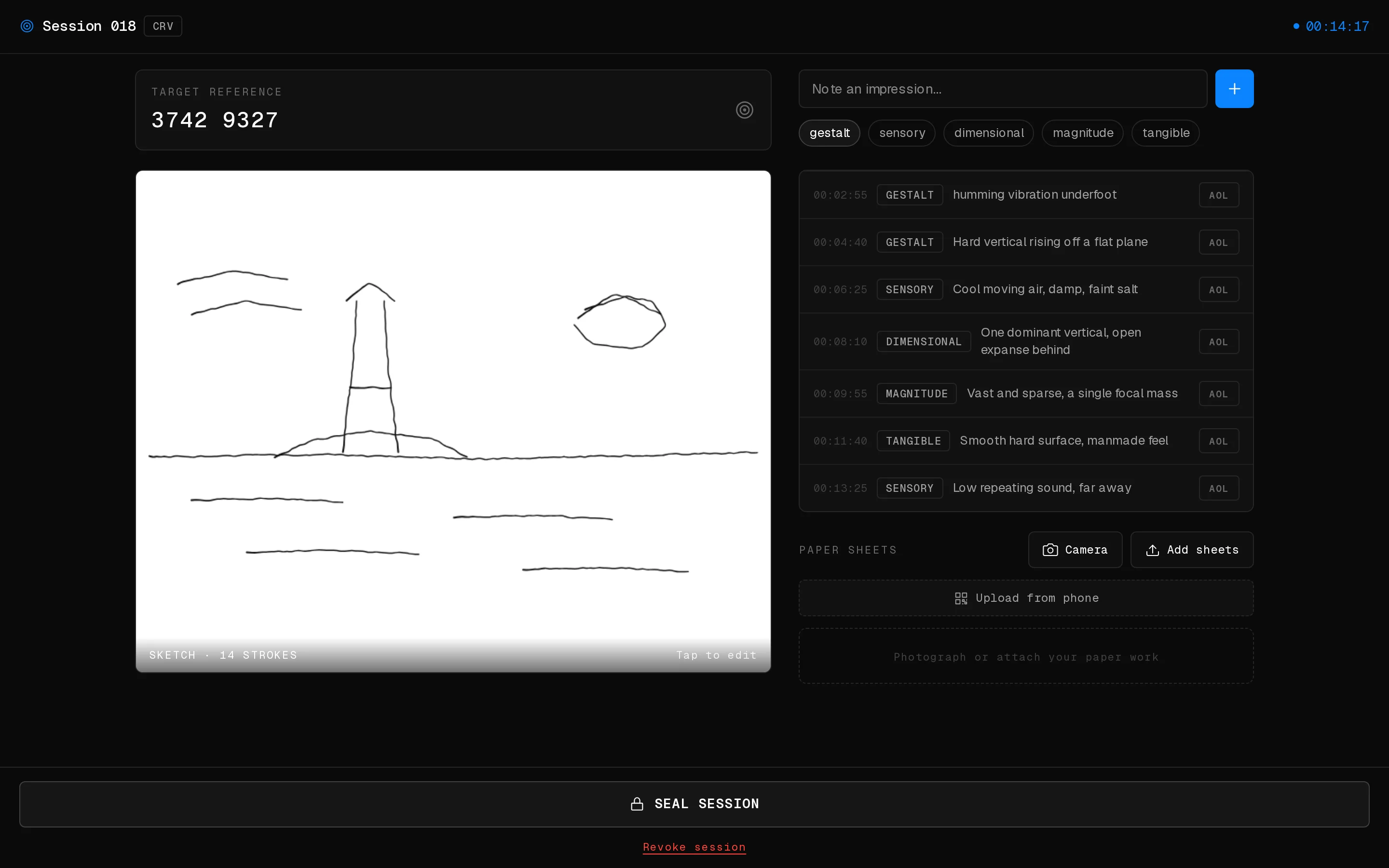 Une session Viewer 001 en cours : un croquis tracé à la main sur le canevas, à côté d'un journal de descripteurs horodatés et catégorisés.