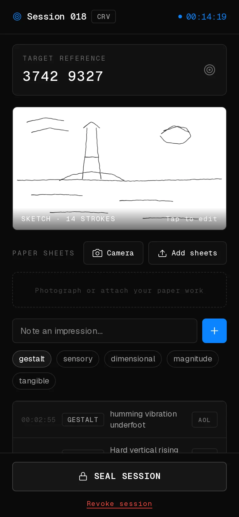 Une session Viewer 001 en cours sur un téléphone : référence du target, croquis et saisie de descripteurs.